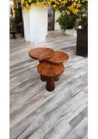 Resim Ahşap Mantar Sehpa 3 Lü Set Fındık Renk Zigon Ve Fiskos Bej 