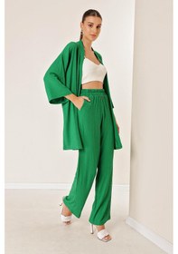 Resim By Saygı Bürümcük Pantolonu Cepli Kimono Takım-34051 Yeşil 