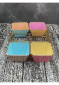 Resim 4 Bölmeli Gold Standlı Cam Kahvaltılık Çerezlik Sunumluk Renkli Çok Renkli 
