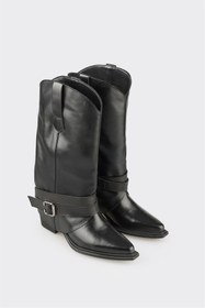 Resim Elle Siyah Deri Kadın Western Çizme 