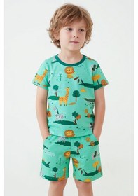 Resim Breeze Erkek Çocuk Şortlu Pijama Takımı Safari Temalı Sevmli Hayvancıklar Desenli 1.5-5 Yaş, Yeşil 