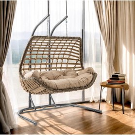 Resim AyrStore Cunda Çiftli Rattan Bahçe Balkon Salıncağı Açık Kahve 