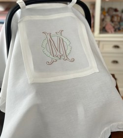 Resim Monogram İşlemeli Keten Puset Örtüsü - Bebek İsim Baş harfleri / Yeşil/Bej 