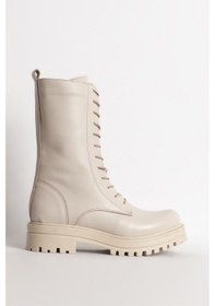 Resim Kadın Postal Kalın Tabanlı Fermuarlı Günlük Bot Gerçek Deri Br 66159 Bej Bej 