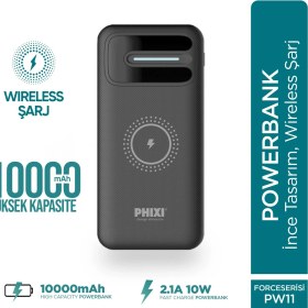 Resim Phixi Basic PW11 Wireless Şarj Çift Çıkışlı Led Göstergeli 10.000 mAh Powerbank Siyah 