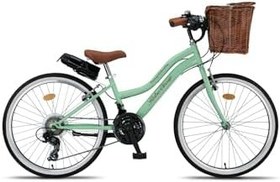 Resim Retro Classic 24 Jant Bisiklet, Shimano 21 Vites, Hasır Sepetli Vintage Şehir Bisikleti, Mint Yeşili 
