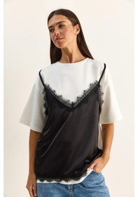 Resim Shade Kadın Dantel Saten Detaylı Katmanlı Görünümlü T-shirt 1084 60286103 - Beyaz-siyah Beyaz - Siyah 