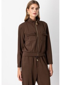 Resim On Kadın Cep Detaylı Dik Yaka Eşofman Üstü 66509 Kahverengi Kahverengi 