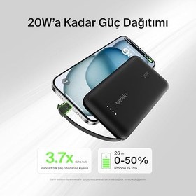 Resim Belkin BoostCharge Power Bank, Entegre Kablolu Taşınabilir Şarj Cihazı 10K PD 20W - USB-C Güç Dağıtımı, iPhone Power Bank iPhone 17 Serisi, iPad Pro, Galaxy S25 ve Daha Fazlası için Hızlı Şarj 