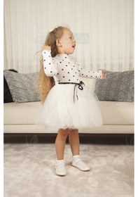 Resim Puantiyeli Kız Çocuk Özel Günler İçin Tüllü Elbise Beyaz 