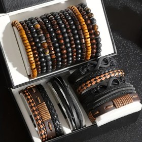 Resim 24 parçalık Erkek Moda Aksesuar Seti, Sokak Stili Suni Deri ve Ahşap Boncuk Bileklikler, Günlük Giyim İçin Çok Yönlü Katmanlı Tasarım, Hediyeler İçin Çoklu Paket (Kutu Dahil Değildir) 