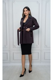 Resim Eccim Fashion Deri Yakalı Cepli Broşlu Astarlı Kısa Kadın Ceket Trençkot 