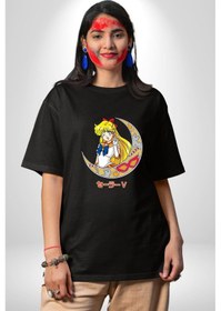 Resim Sailor Moon Ay Savaşcısı Anime Pamuklu Bisiklet Yaka Unisex Oversize Boyfriend Dijital Baskılı Siyah T-shirt Siyah 