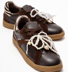 Resim luvishoes TAREN Kahverengi Hakiki Deri İnci Tokalı Kadın Günlük Spor Ayakkabı 