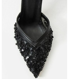 Resim Alberta Tüylü Boncuklu Detaylı Arkası Açık Topuklu Ayakkabı Siyah 