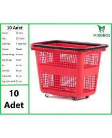 Resim Mixgros Tekerlekli Plastik Market Alışveriş El Sepeti 54 Litre Kırmızı 10 Adet 