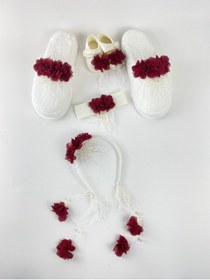 Resim Genel Markalar Bordo İnci Taşlı Çiçekli Lohusa Hamile Taç Terlik Bandana Bebek Patik Seti 