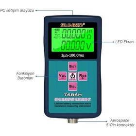 Resim Sunkko T686H Hassas Pil İç Direnç Ve Voltaj Test Cihazı (0-100V - 0-100 Ohm) 