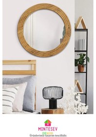 Resim Antik Ahşap Dekoratif Ayna Yuvarlak Banyo Duvar Aynası 43 Cm Naturel 