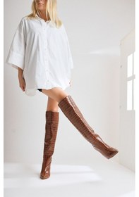 Resim Limoya Nenya Taba Kroko Desenli Sivri Burunlu İnce Topuklu Dizüstü Çizme 001 