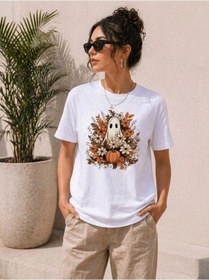 Resim Kadın Balkabağı Hayalet Baskılı Tişört Kısa Kol Yazlık T-shirt - Beyaz 