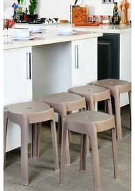 Resim Kaymaz Ayaklı Dekoratif İç İçe Geçebilen Plastik Tabure Mutfak Bahçe Taburesi 6 Adet Latte Latte 