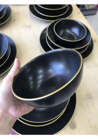 Resim Keramika Mat Siyah El Dekor Altın 24 Parça 6 Kişilik Yemek Takımı 