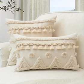 Resim 1 adet Bohem Tarzı Geometrik Desenli Yastık Kılıfı, Püsküllü Kenarlı, Tek Taraflı Nakışlı, Fermuarlı, Makinede Yıkanabilir, Örgülü Polyester %95 Keten %5, Koltuk, Oturma Odası, Yatak Odası için Dekoratif Yastık Kılıfı - İçlik Yok 