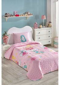 Resim Kapitone Yatak Örtüsü Seti Tek Kişilik Unicorn Dreams Pembe Pembe 