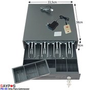 Resim Saypos PS45 Orta Boy Para Çekmecesi Kolay Açma Buton ve Adaptörlü 4 Banknot Gözlü 33,5x38x9cm 