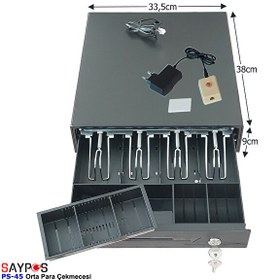 Resim Saypos PS45 Orta Boy Para Çekmecesi Kolay Açma Buton ve Adaptörlü 4 Banknot Gözlü 33,5x38x9cm 
