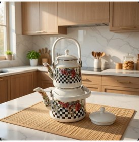 Resim Alev Emaye Çaydanlık Takımı Nostaljinin Modern Yorumu Beyaz - Siyah 