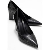 Resim Puera Siyah Baskı Sivri Burunlu Kadın Dolgu Topuklu Ayakkabı Siyah Croco 