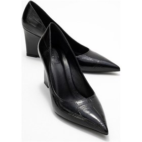 Resim Puera Siyah Baskı Sivri Burunlu Kadın Dolgu Topuklu Ayakkabı Siyah Croco 