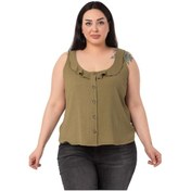 Resim Büyük Beden Fırfırlı Yaka Kolsuz Düğmeli Haki Bluz-haki Haki 