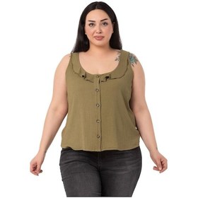 Resim Büyük Beden Fırfırlı Yaka Kolsuz Düğmeli Haki Bluz-haki Haki 