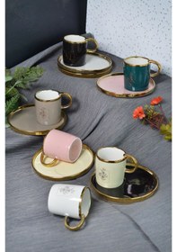 Resim 6 Lı Gold Detaylı Porselen Türk Kahvesi Fincan Takımı Pastel Renkli, Çiçek Desenli Fincanı Seti Çok Renkli 