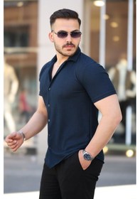 Resim Erkek Kısa Kollu Örme Kumaş Pamuklu Gömlek Petrol Mavisi 