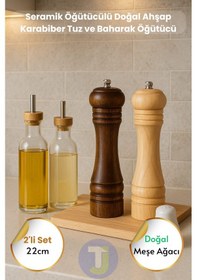 Resim Technojet 2adet Baharat Öğütücü Açık Koyu Renk Doğal Ahşap Değirmen Karabiber Kahve Tuzluk Biberlik Ahşap 