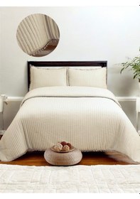 Resim Asya Ultrasonik Çift Kişilik Yatak Örtüsü Ponpon Detaylı - Bej 