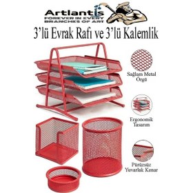 Resim Kırmızı Metal Evrak Rafı 3 Lü Ve Masaüstü Kalemlik 3 Lü 1 Paket Masaüstü A4 Dosya 3 Katlı Düzenleyici Kağıt Tepsisi 