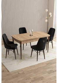 Resim Mazaka Serisi 80x132 Açılabilir Mdf Meşe Masa Takımı 4 Siyah Sandalye Kahve Ayak Siyah 