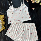 Resim Kiraz Desenli Pijama Takımı, Bisiklet Yaka Cami Üst ve Lastikli Bel Bantlı Şort, Kadın Pijama ve Ev Giyimi 