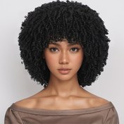 Resim 25,4 cm Kısa Kıvırcık Afro Peruk - Kadınlar İçin Saçaklı Off Black Bouncy Bob Stili, %200 Yüksek Yoğunluklu Isıya Dayanıklı Sentetik Fiber, Esnek Kapak, Cosplay, Halloween, Parti, Festival, Noel 