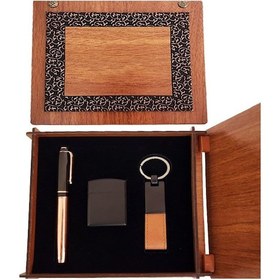 Resim Büro Ev Ofis Hediyesi İçin Ahşap Kutulu Bakır Roler Kalem Taba Anahtarlık Çakmak Seti 