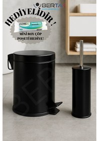 Resim Berta 2'li Beyaz Banyo Seti Çöp Kovası Tuvalet Fırçası - Mini Boy Çöp Poşeti Hediyelidir Siyah 