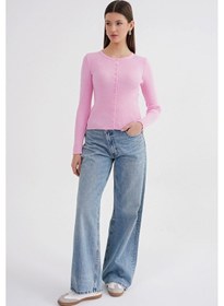 Resim Mixray 6931 Kadın Düğmeli Fitilli Triko Hırka Pembe 