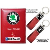 Resim Plakanıza Özel Skoda Logolu Kırmızı Ruhsat Kabı Ve Anahtarlık 