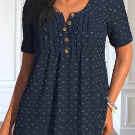 Resim Kadınların Artı Boy Mavi Çiçek Desenli Üst - Kısa Kollu ve Düğme Detayları ile Casual Crew Boyun, İlkbahar ve Sonbahar için Esnek Olmayan Kumaş, Gündelik Giyim Üstü|Çiçek Desenli Üst|Kısa Kollu Üst 