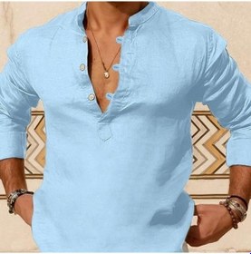Resim Erkek Uzun Kollu Vintage Henley Gömlek Casual Baggy Düğme-up Katı Üstleri T Gömlek Gökyüzü Mavisi Gök Mavi 